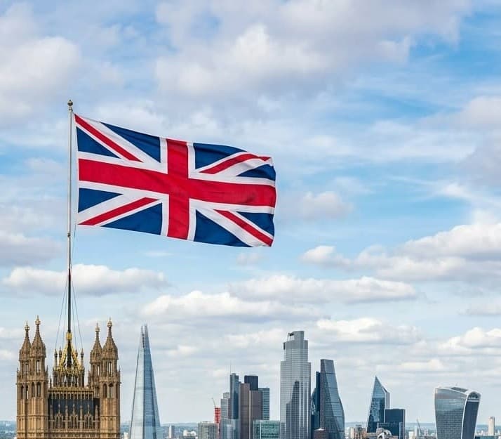 United Kingdom flag over London skyline